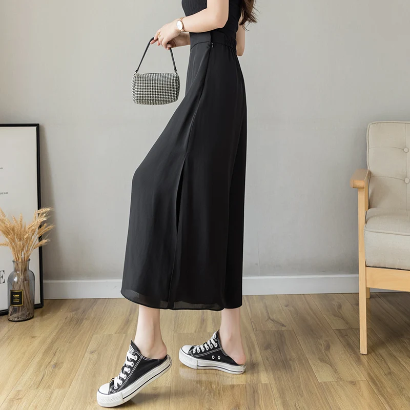 

Double Layer Black White Chiffon Side Slit Wide Leg Pants Women 2021 Summer New Style Korean Casual And Ankle Long Culottes