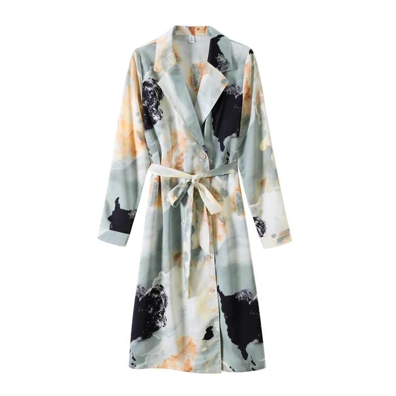 

Elegant Notched Collar Long Vestidos For Women Long Sleeve Printed Belted Ladies Dresses Double Breasted Split Dress DR027