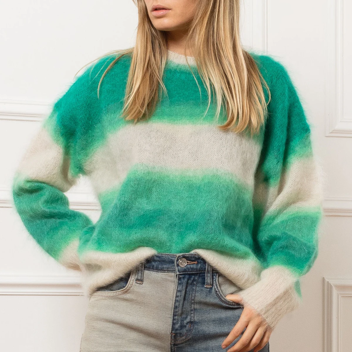 

Pirate Hippie Striped Mohair Sweaters Woman Long Sleeve Round Neck Cozy Thin Pullover Casual Vintage Classic Sweater Tops 2021