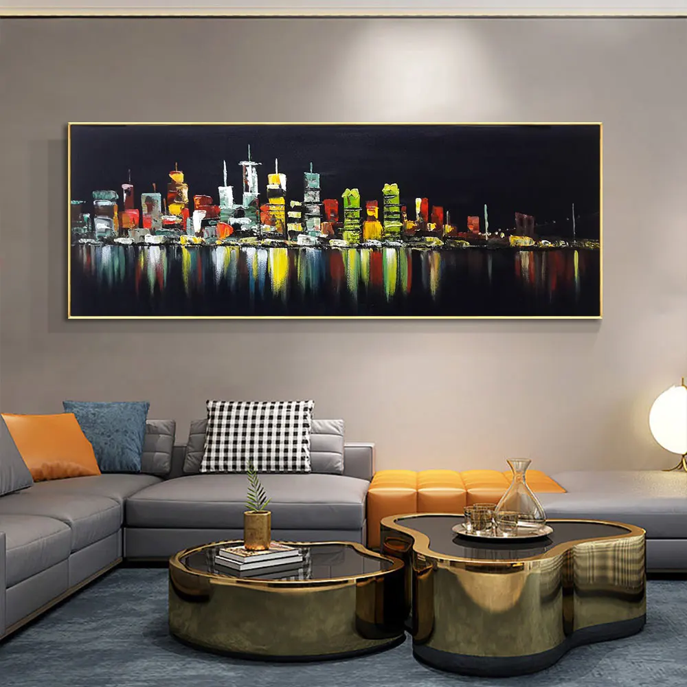 

Abstract Colorful Building At Night Oil Painting 100% Handpainted On Canvas Unframed Night Scene Wall Art For Home Decoration