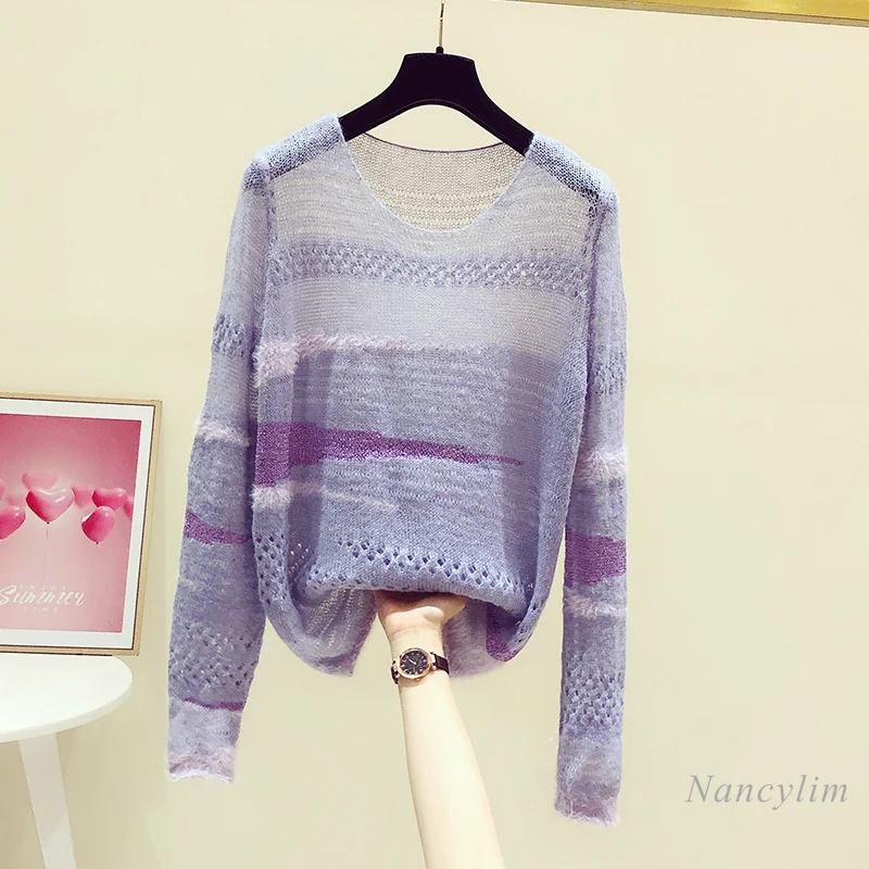 

Женский полосатый мохеровый свитер Pull Femme, тонкий трикотажный пурпурный Свободный Топ в Корейском стиле для весны и осени