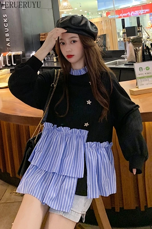 

WERUERUYU Women Wild Lapel Long-sleeved Clothing Slim Long Section Fake Two-piece Female Girl Blouses And Tops Casual Clothing