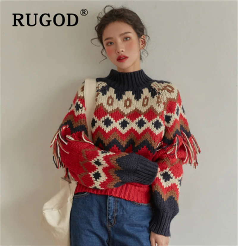 RUGOD шикарный вязаный лоскутный свитер женский корейский рукав-фонарик народные