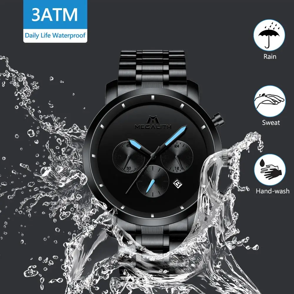 Часы MEGALITH Мужские кварцевые со стальным браслетом люксовые модные повседневные