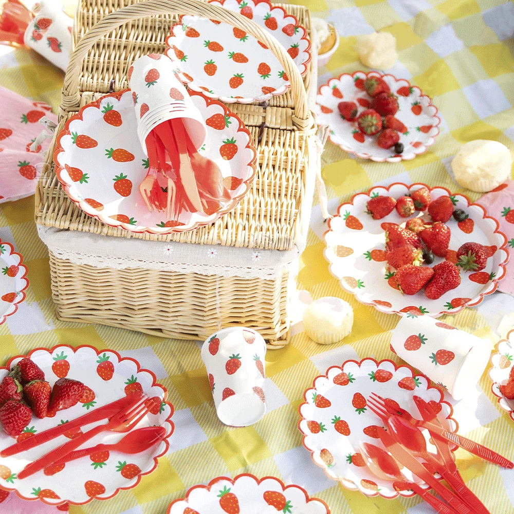 

Strawberry Tableware Paper Plates Cups Happy Birthday Wedding Party Decoration Supplies