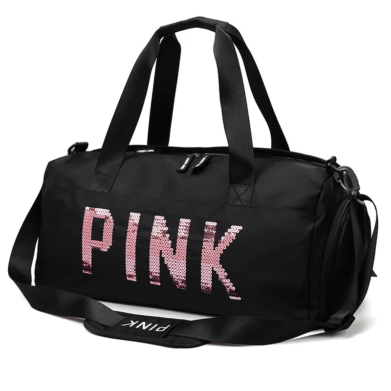

Famous Brand Bag Sequins PINK Travel Bag Women Fitness Training Bag For Sports Gym Female Yoga Dry Wet Separation Shoes Bags