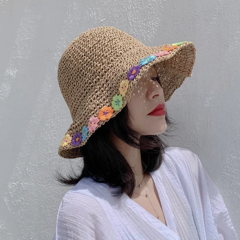 

Fashion Women Summer Flower Pattern Sunscreen Foldable Big Brim Straw Beach Hat Fisherman Hat
