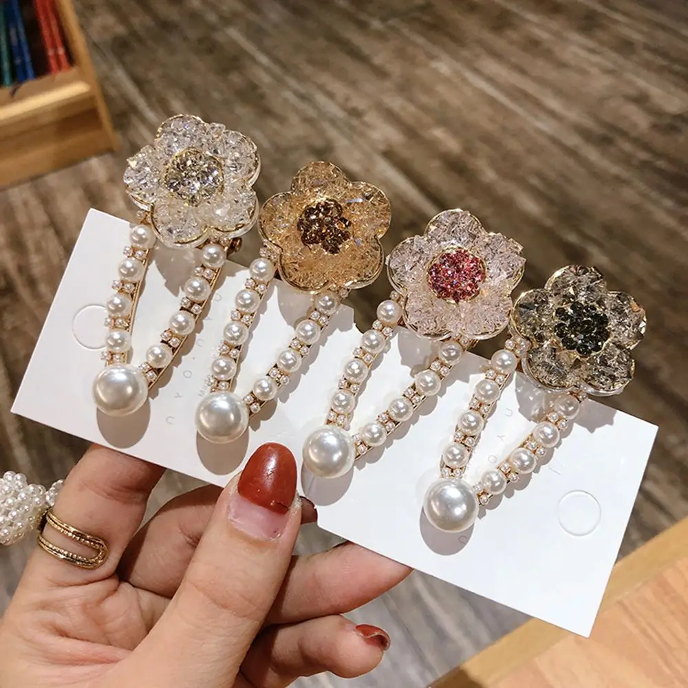 

Fashion Pearl Hair Clip Women Elegant Crystal Flower Snap Barrette Stick Hairpin Hair Styling Accessories