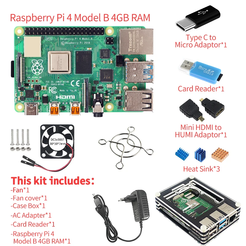 Оригинальный Bluetooth для Raspberry Pi Модель B PI 4B 2 ГБ/4 ГБ: плата + радиатор кардридер