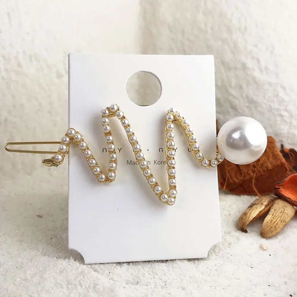 

1pc Metal Gold Color Imitation Pearl Hair Clip Geometric Bend Hollow Metal Hairpin Side Clip for Women Barrette Fashion Headwear