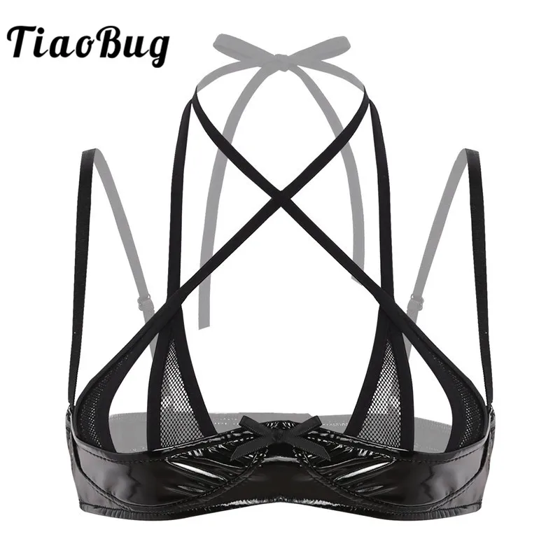

Women Sheer Fishnet Splice Wetlook Black Patent Leather Lingerie Halter Adjustable Spaghetti Straps Front Cross Push Up Sexy Bra