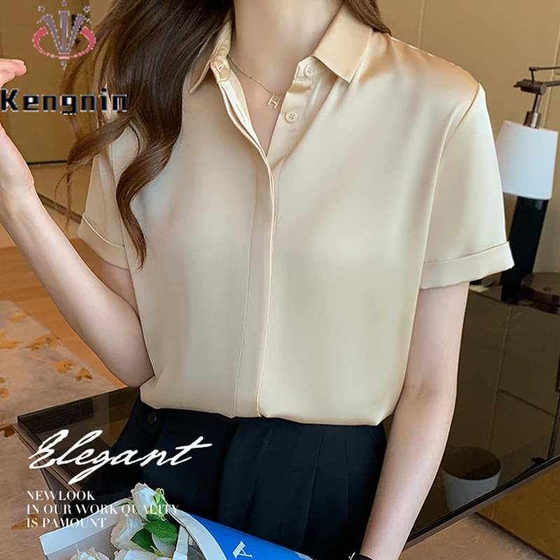 

Satin Silk Women Formal Shirts 2021 Summer Designer Chiffon Women's Blouse and Shirts Short Sleeve Simple Female Tops KE1473