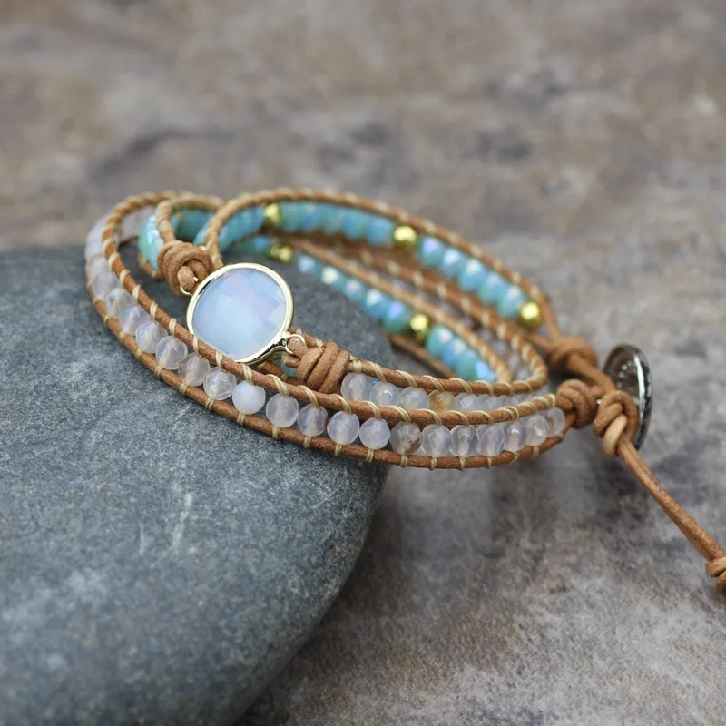 

2020 New Round Stone Opal Beaded Hand Woven Wax Rope 3 Layer Twined Bracelet for Women