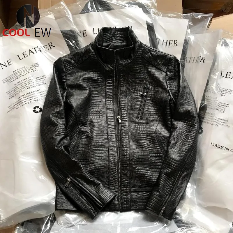 

Top Brand Men Slim Fit Crocodile Pattern Sheepskin Genuine Leather Biker Jacket Stand Collar Coats Windproof Motorcycle Jackets