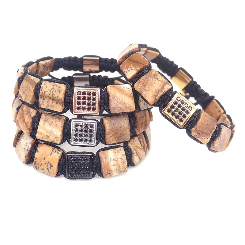 Природные изображения Jaspers квадратный камень и серебряный цвет cz бусины Шарм