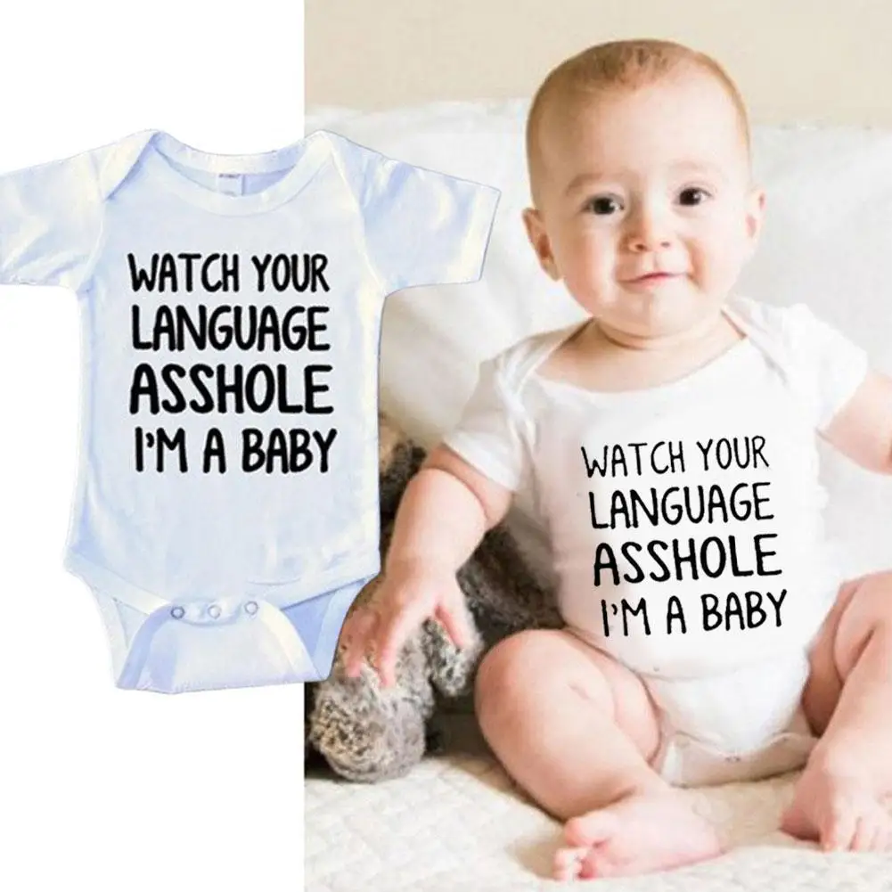 

Baby Jumpsuit Watch Your Language Bastard Printed Letters Catsuit Boy Girl Clothes Children Summer Baby