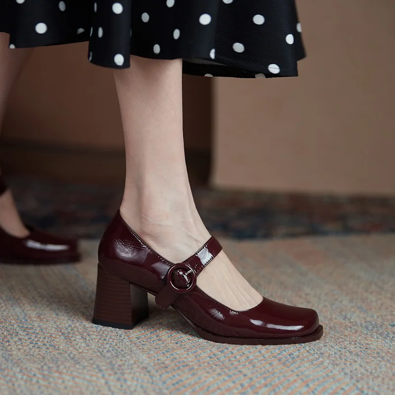 

New 2021 Spring Fashion Genuine Leather Women Pumps High Heels Shoes Woman Casual Dress Square Toe Pumps Classics Mary Janes 40