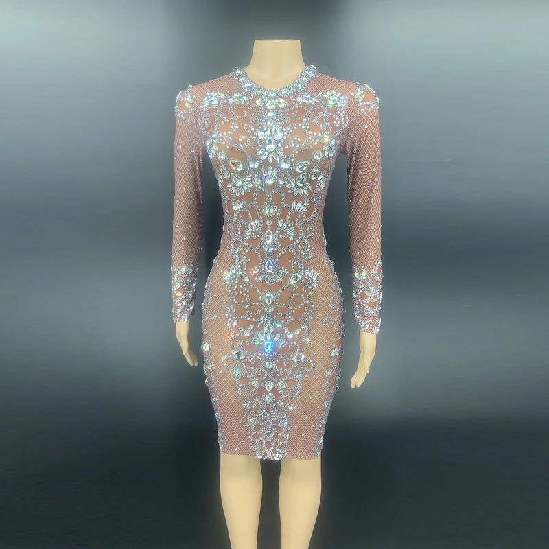 

Tan Color Silver Rhinestone Transparent Dress Birthday Celebrate Dress Bar Prom Mesh Outfit Women Dancer Dress