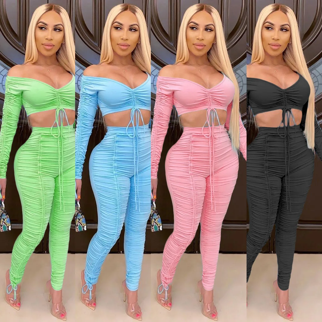 

Two-piece women's solid color summer women's plus size sexy fashion trend pumping pleated wrap casual sports suit bodycon