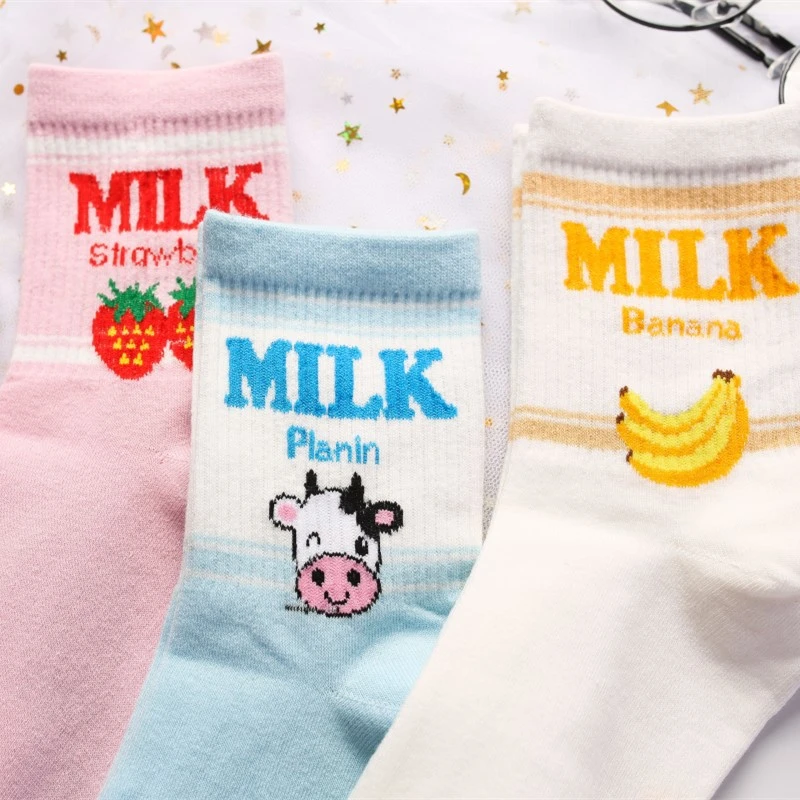 Новые женские носки без пятки ulzzang, молоко, клубника, банан, корова, соккен, для девочек, Осень-зима, рисунок с фруктами, молоко, теплые удобные хлопковые носки