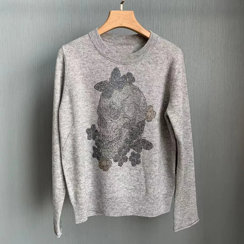 

Spring Autumn Diamond Skull Woman Cashmere Sweater O-Neck Long Sleeve Ladies Pullover Casual Classic Vintage Female Tops