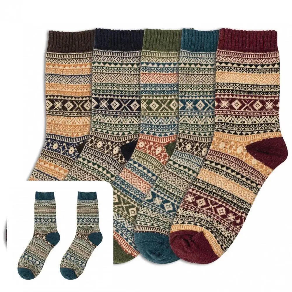 

1 Pair Lady Socks Ethnic Style Men Women Warm Jacquard Color Block Socks