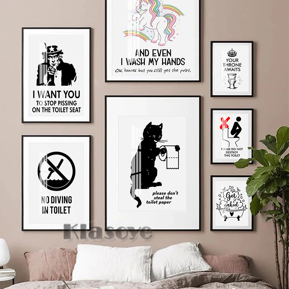 

Funny Toilet Sign Abstract Pattern Art Prints Poster Humor Spoof Restroom Canvas Painting Black White Minimalist Bathroom Decor