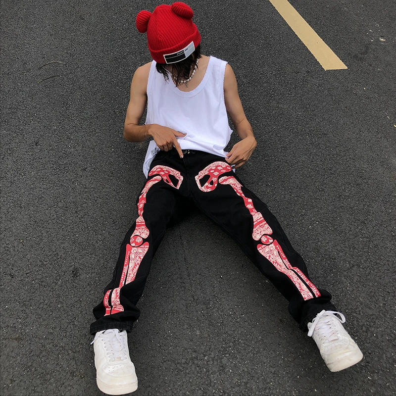 Fashion Skull Paisley Printed Denim Jeans Pants Mens Straight Zipper Trousers Hip Hop Streetwear Long Jean Pant Casual Joggers