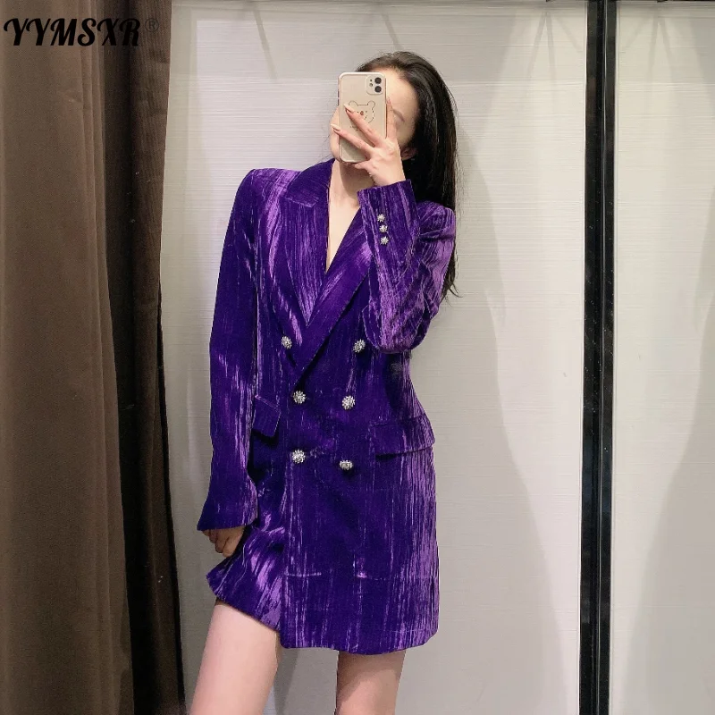 

2021 Autumn and Winter New Long Velvet Ladies Blazer High-quality Temperament Double-breasted Long-sleeved Jacket Female