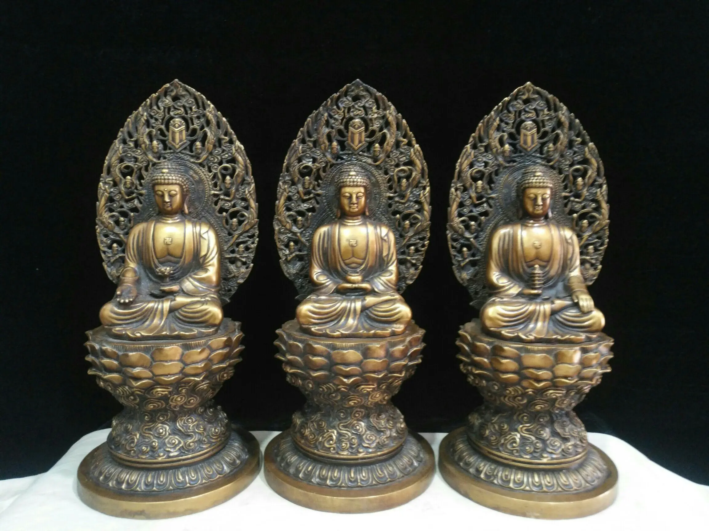 

15" Tibet Buddhism Temple Old bronze Three Treasures of Buddha Shakyamuni Buddha Statue Amitabha Buddha Statue Medicine Buddha
