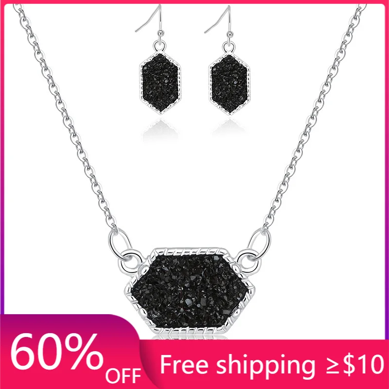 Агат Drusy ожерелье серьги комплект ювелирных изделий кристаллами из эпоксидной