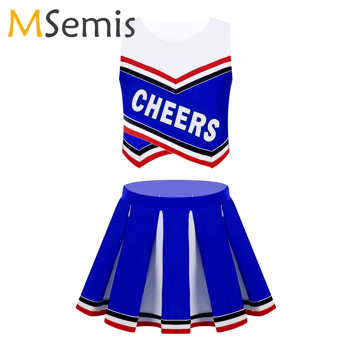 

Kids Cheerleader Cheerleading Uniform V Neck Sleeveless Crop Top Vest and Pleated Skirt Set Outfit Stage Performance Costume