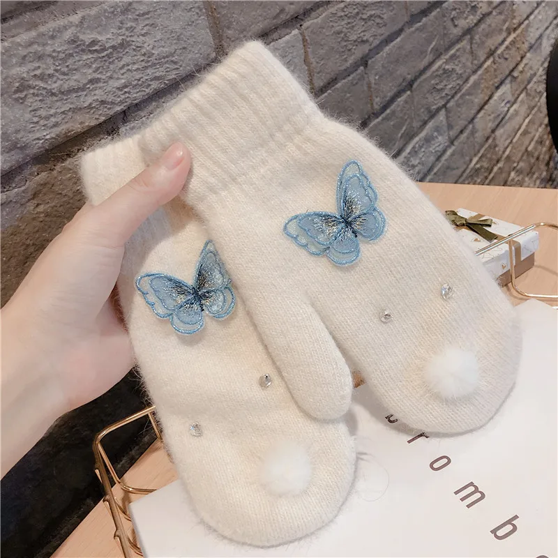 Women Winter Rabbit fur Knitted Full Finger Gloves Basic Thicken Plush Lining Mittens Butterfly Wrist Warmer