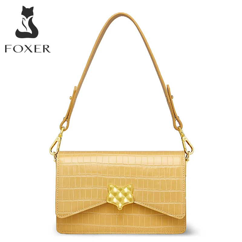 

FOXER Lady Split Leather Luxury Shoulder Crossbody Flap Bag With 2 Straps Brand Women's Crocodile Pattern Underarm Messenger Bag