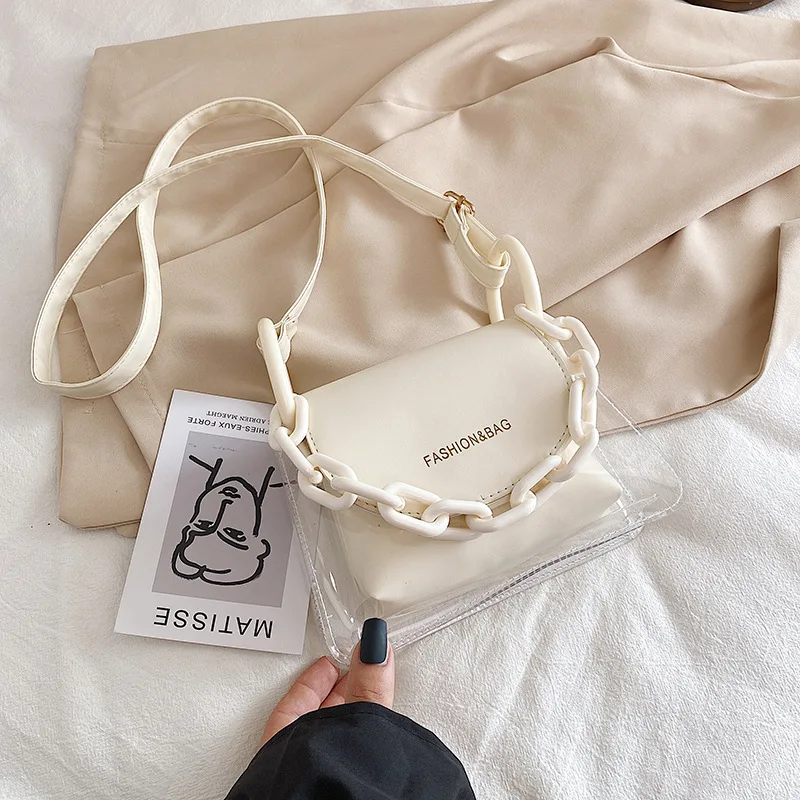 

Fashion Transparent PVC Crossbody Bag Women PU Acrylic Chain Ladies Shoulder Messenger Flap Handbags