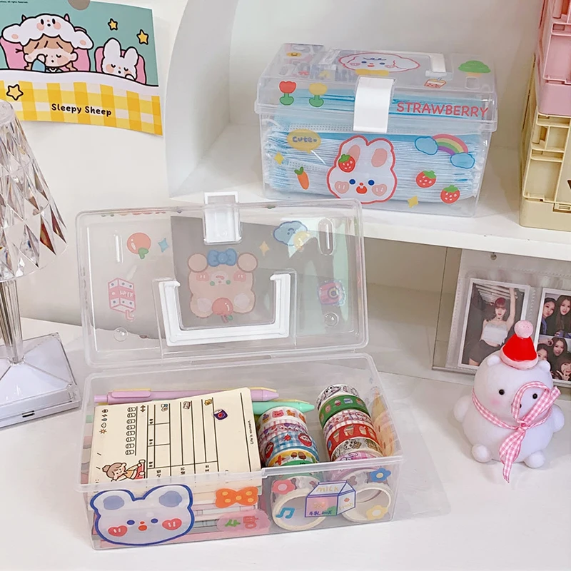 Милый портативный ящик для хранения с наклейкой и ручкой крышки милые прозрачные