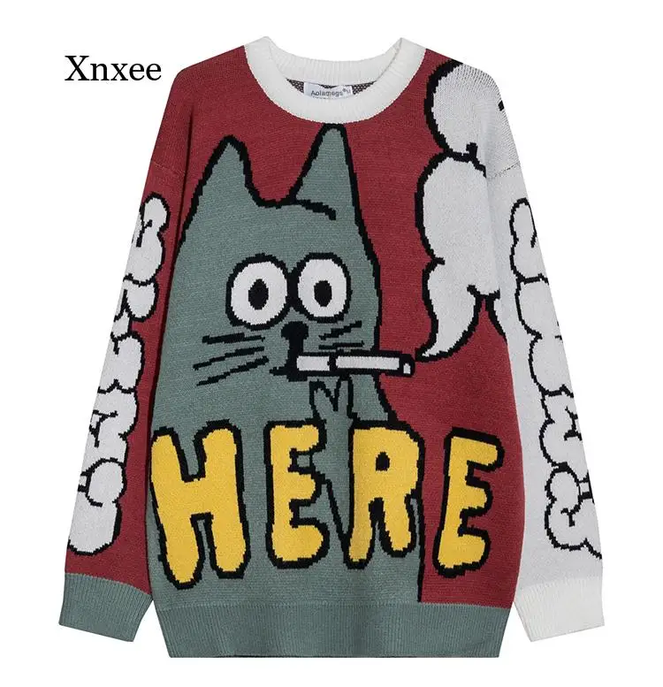 

Men O Nec Pullover Sweaters Cartoon Funny Cat Print Men Soft Slim Casual Sweater High Street Fashion Autumn Streetwear Clothing