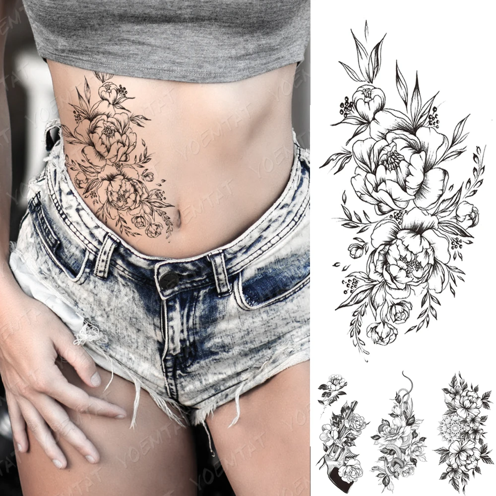 Waterproof Temporary Tattoo Sticker Peony Flower Chrysanthemum Butterfly Flash Tattoos Female Line Waist Body Art Fake Tatto Men