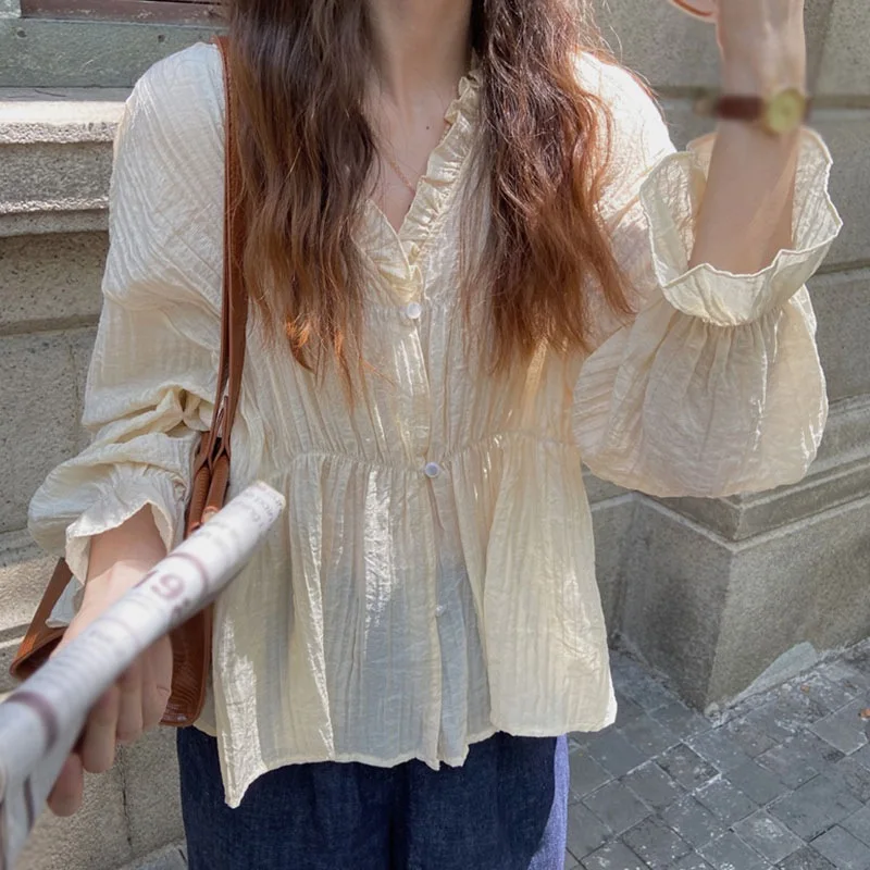 

Spring And Autumn Korean Temperament Long Sleeve Top Lace Embellishment Bubble Sleeve Fairy Casual Women's Shirt