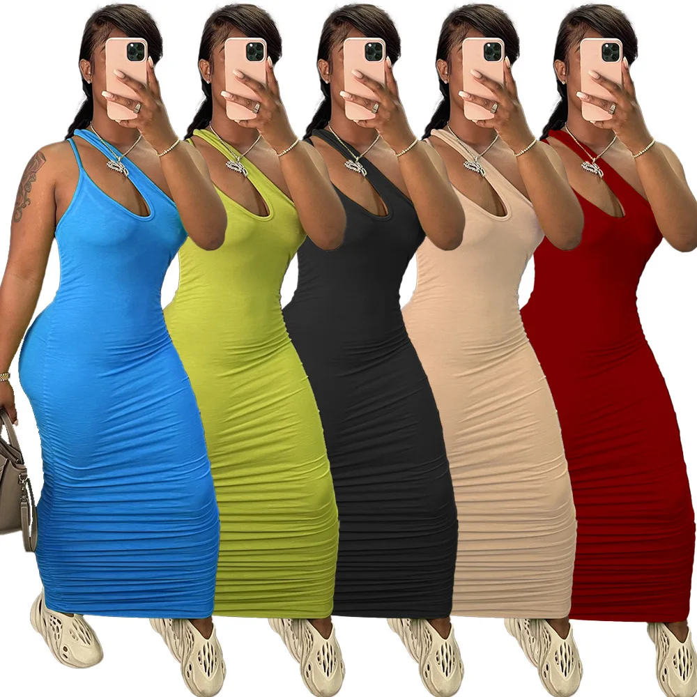 

60A5254 Summer Women Casual Fashion Sexy Solid Skinny One-shoulder Sling Dress Vestidos Plus Size Hot