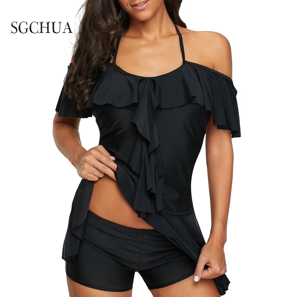 

Plus Size Swimwear Women Black Tankini Tummy Control Swimwear Tank Top Retro Solid Swimsuit With Shorts Two Piece Bathing Suit