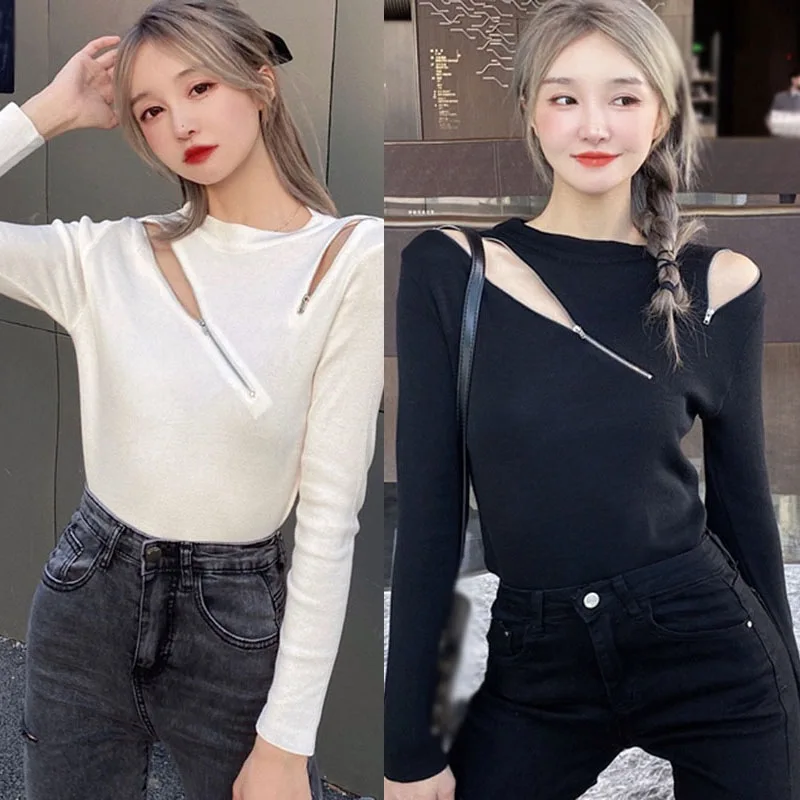 

Women Sexy Bodycon T Shirt Autumn Women Long Sleeve O-neck Zipper Sheath Tshirt Fashion Tops