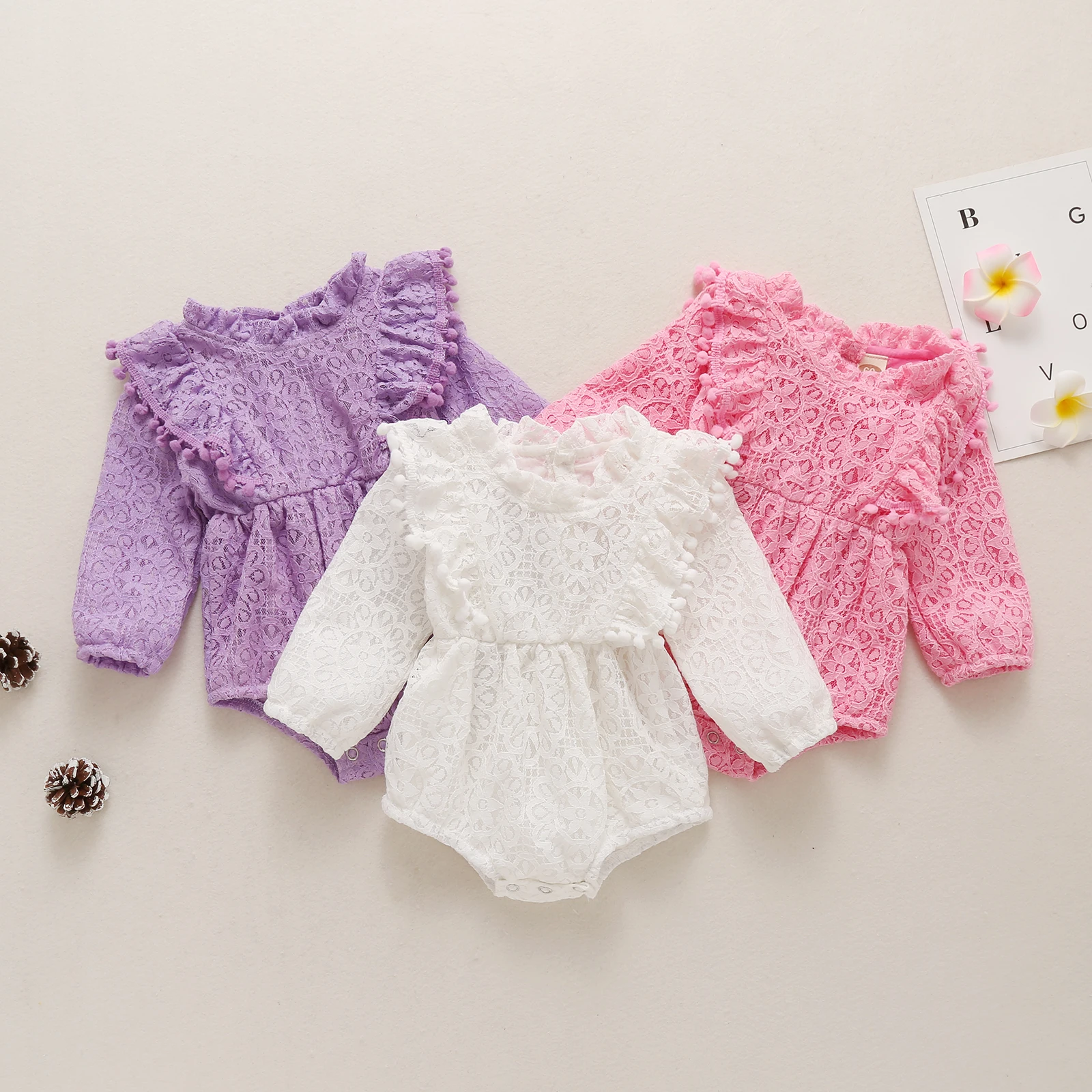 

6m-24m Spring Autume Sweet Toddler Baby Girl Romper Bodysuit Lace Romper Long Sleeve Solid Color Jumpsuit Outfits