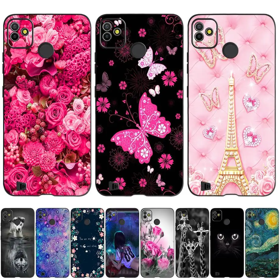 Чехол для Tecno Pop 5 P 4 Air жидкий силиконовый черный чехол с цветами розы 2F 2 Pro Power Cover
