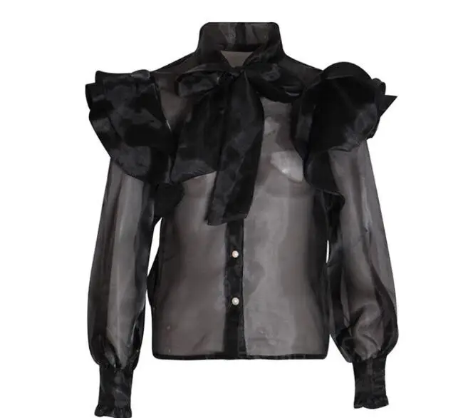 

Cultiseed Women Sexy Perspective Gauze Mesh Shirts Blouses Tops Female Fashion Big Bow Neck Ruffles Lantern Sleeve Party Shirts