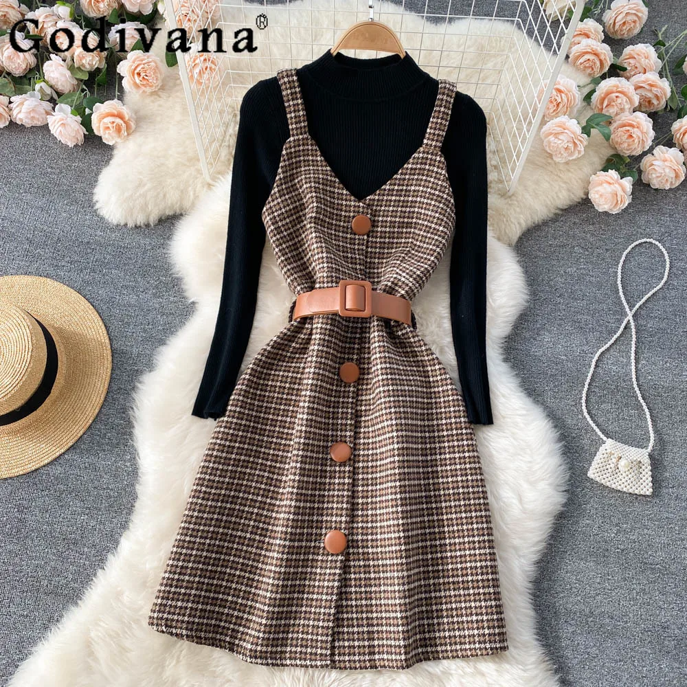 

Облегающее платье в клетку, модель 2021 года, внутренняя одежда, платье-двойка + вязаный свитер, пуловер, новое осенне-зимнее платье, костюм
