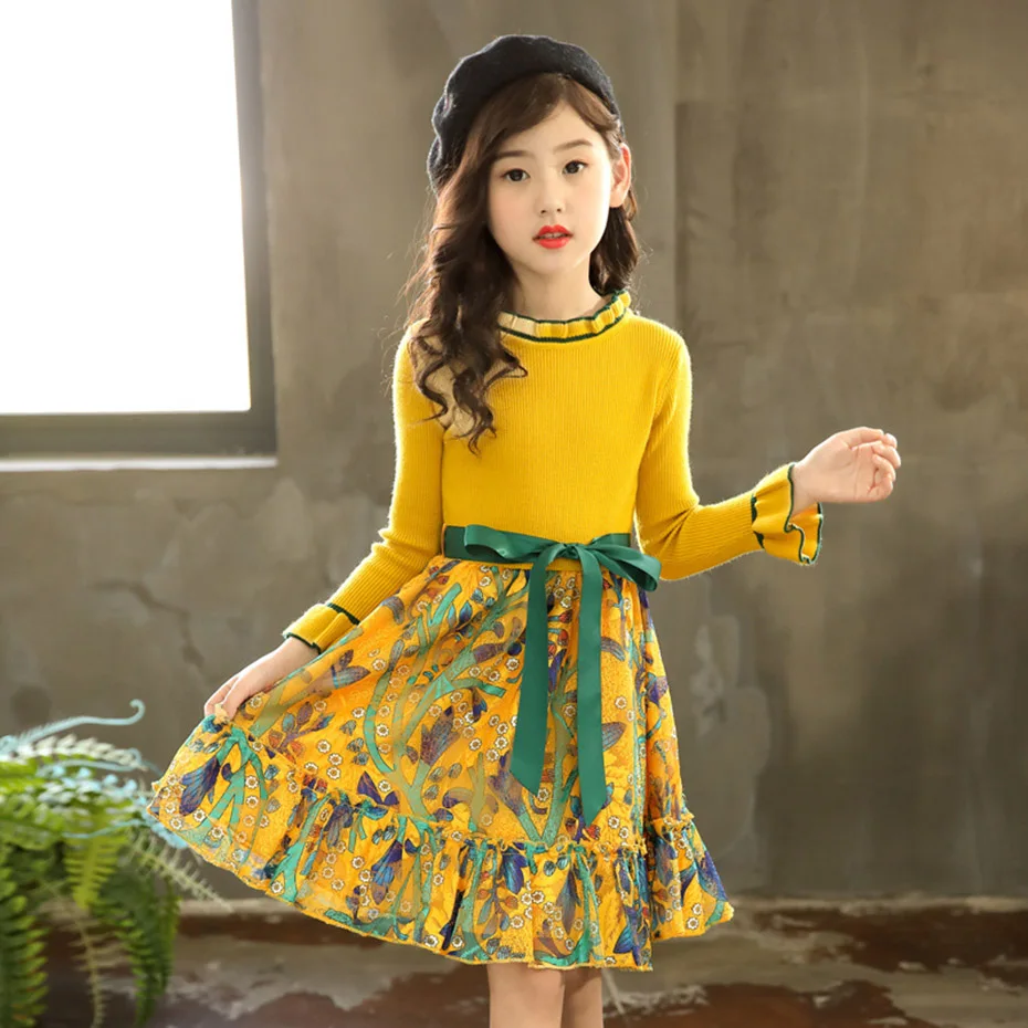 Girl Dress Party Floral Pattern Girls Knitted Dresses Casual Children Sweater Autumn Winter Christmas Clothes For | Детская одежда и