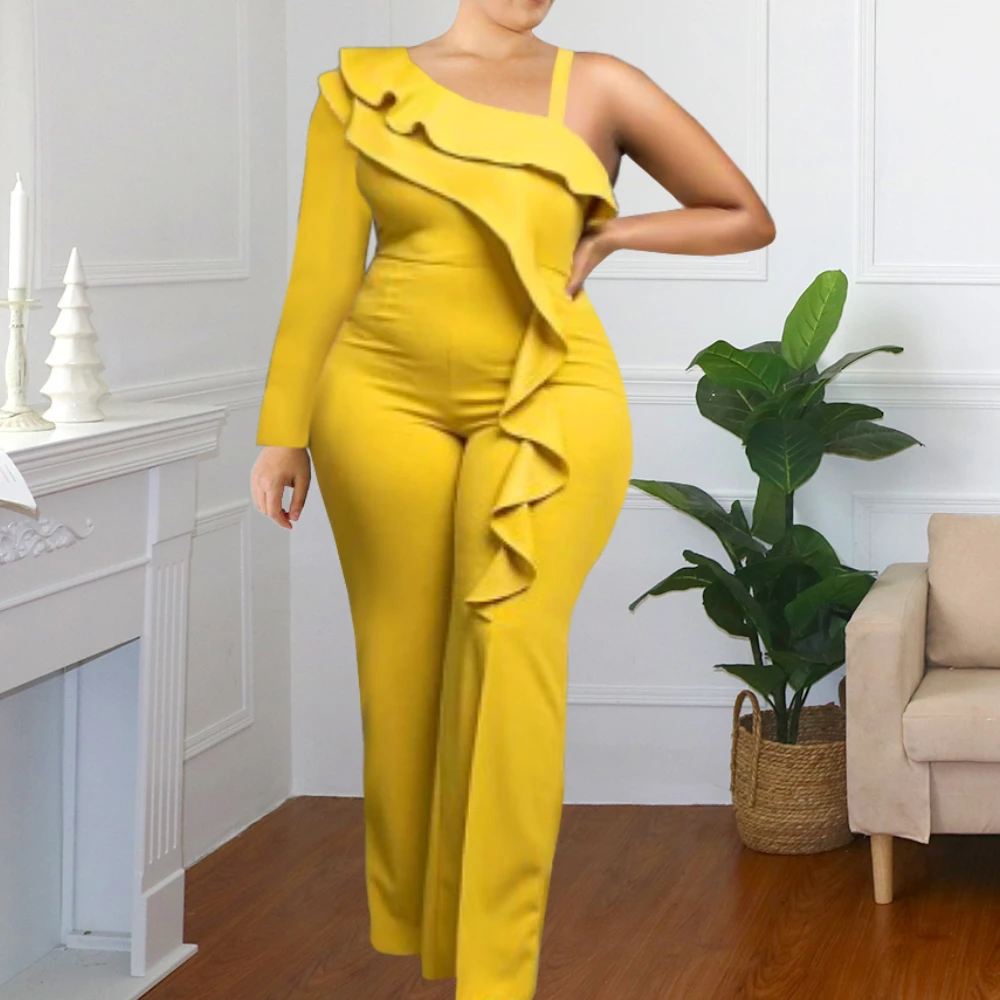 

Wide Leg Jumpsuits Plus Siez One Shoulder Ruffles Elegant Ladies Evening Party Occasion Event One-Piece Autumn Overalls 2021 New