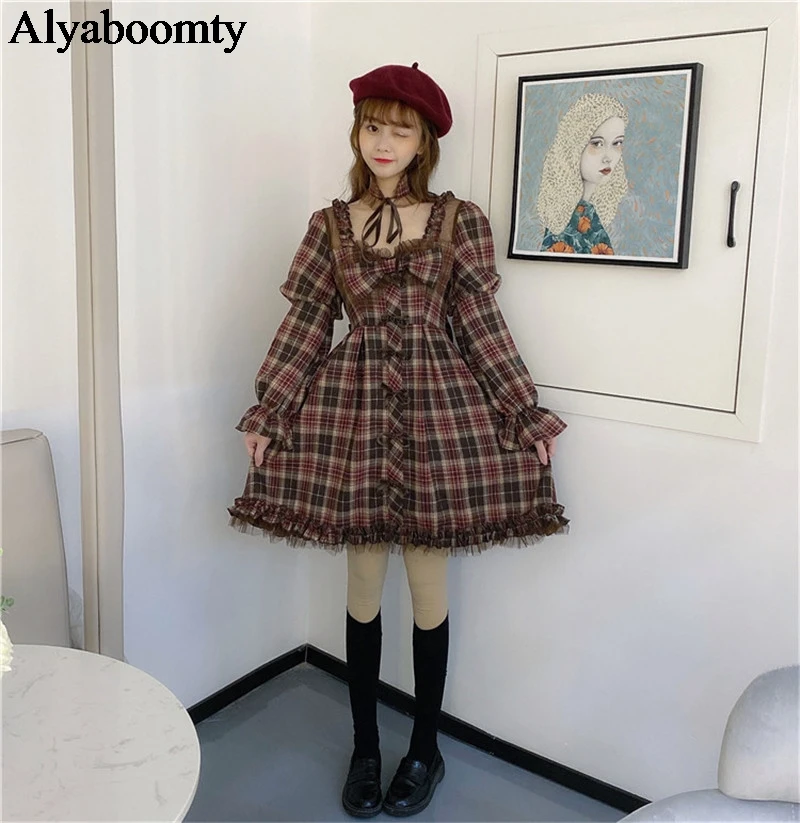 Женское мини платье в стиле японской Лолиты осеннее готическом панк с квадратным