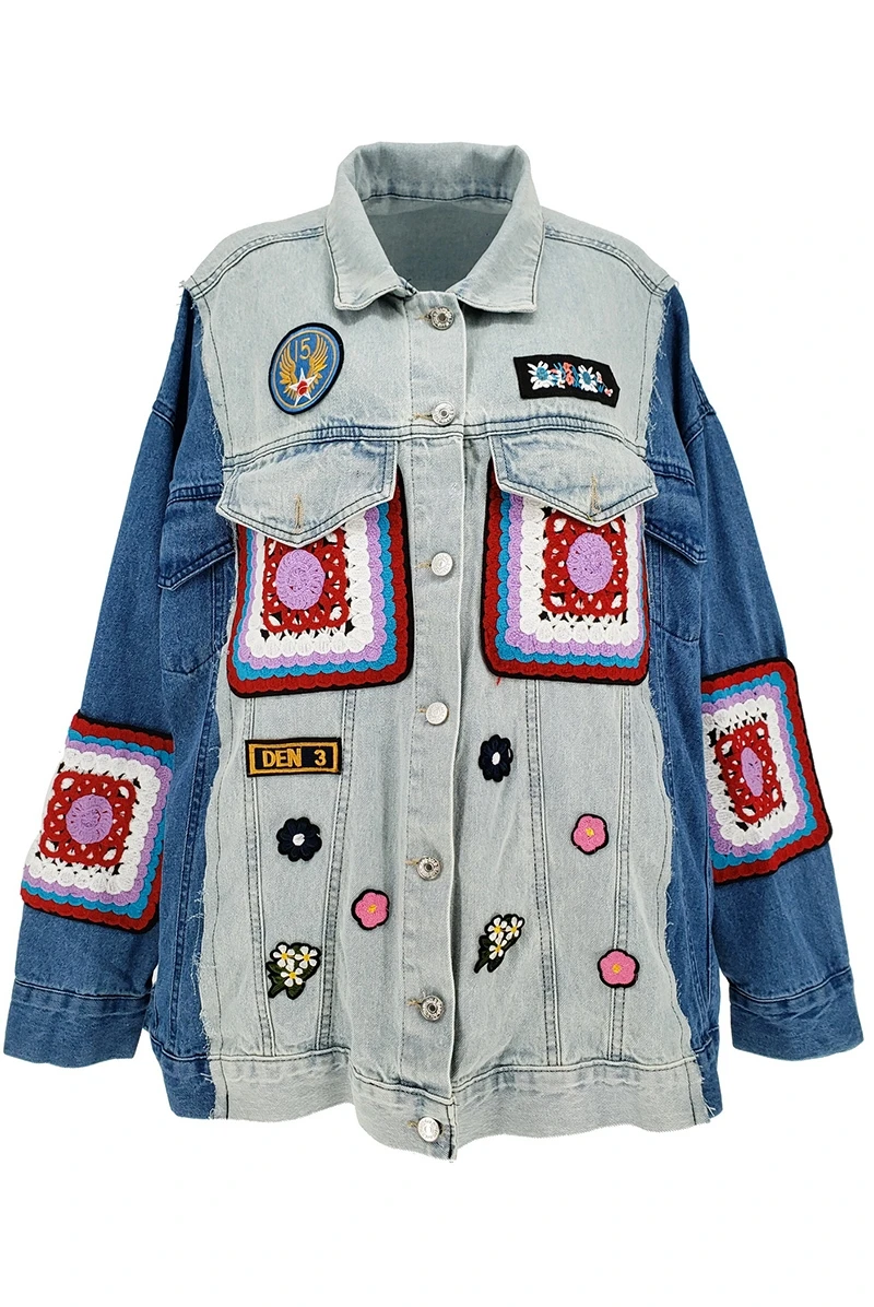 

American Vintage Wool Embroidery Patchwork Stitching Contrast Color Niche Designer Heavy Industry Denim Jacket Men and Women